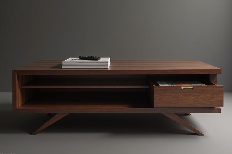 Lavt sofabord i mørkt træ med opbevaringsmuligheder