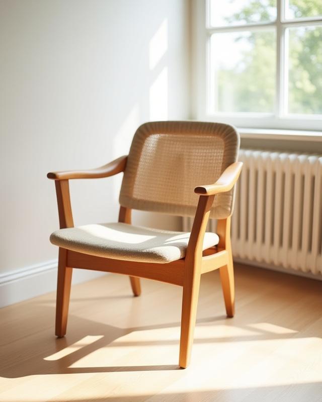 Elegant træstol med flet sæde, dansk design