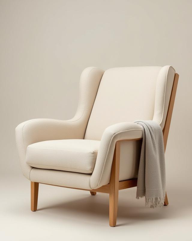 Komfortabel lænestol i lyse farver med træstel