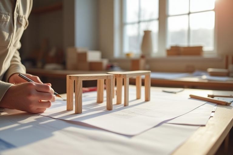 En møbeldesigner der skitserer et unikt bord med bæredygtigt træ og naturligt lys